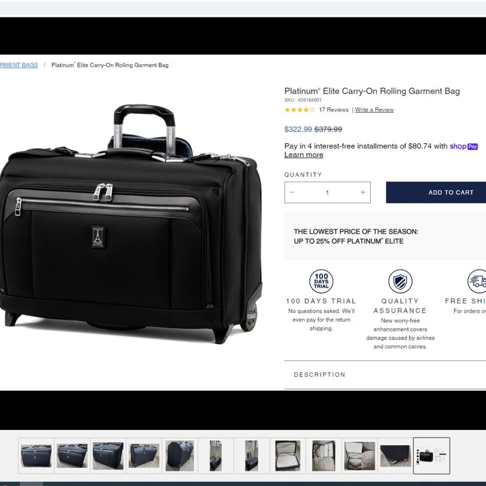 Travel Pro Platinum Elite Carry-On Rolling Garment Bag luggage 22 Inch